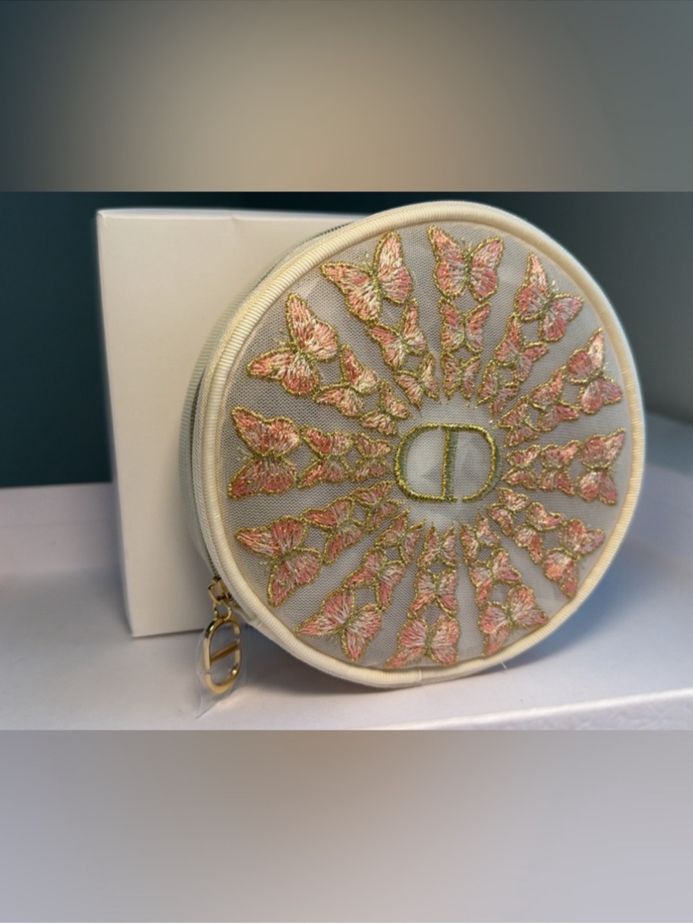 New Dior Round Cosmetic
Pouch with Pink & Gold Embroidered  butterfly.